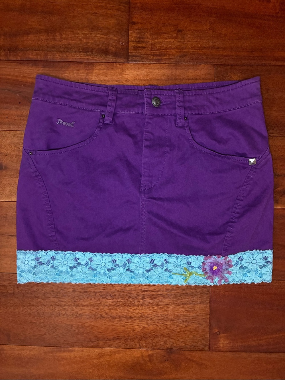 Diesel Up-cycled Purple Mini Skirt with Blue Lace Trim